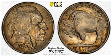 1937-D 5C 3 Legs AU58+