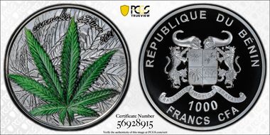 2021 1000 Fr Cannabis Sativa Ag Black Proof, Colorized PR70DCAM