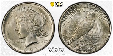 1921 $1 High Relief, Peace MS64