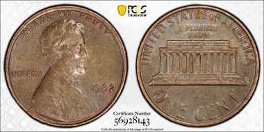 1982 1C Bronze, Large Date AU55BN
