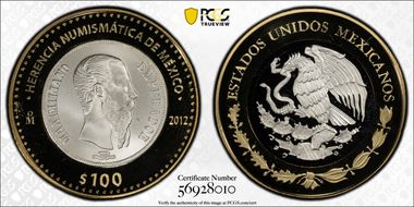 2012-Mo 100 P 1866-Mo 1 Peso Numismatic Heritage PL68