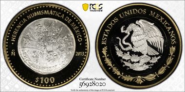 2013-Mo 100 P Republican 8R Chopmark Numismatic Heritage PL69