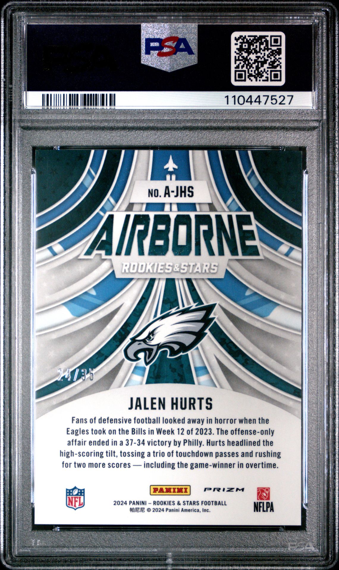 2024 Panini Rookies & Stars Airborne Jalen Hurts #Ajhs (Airborne-Purple) Gem Mt 10 back