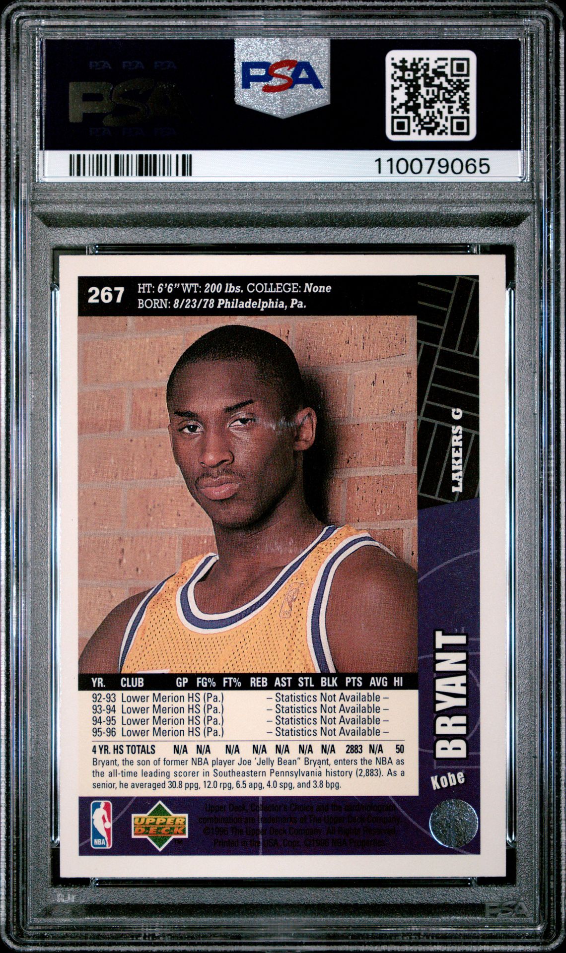 1996 Collector's Choice Kobe Bryant #267 Mint 9 back