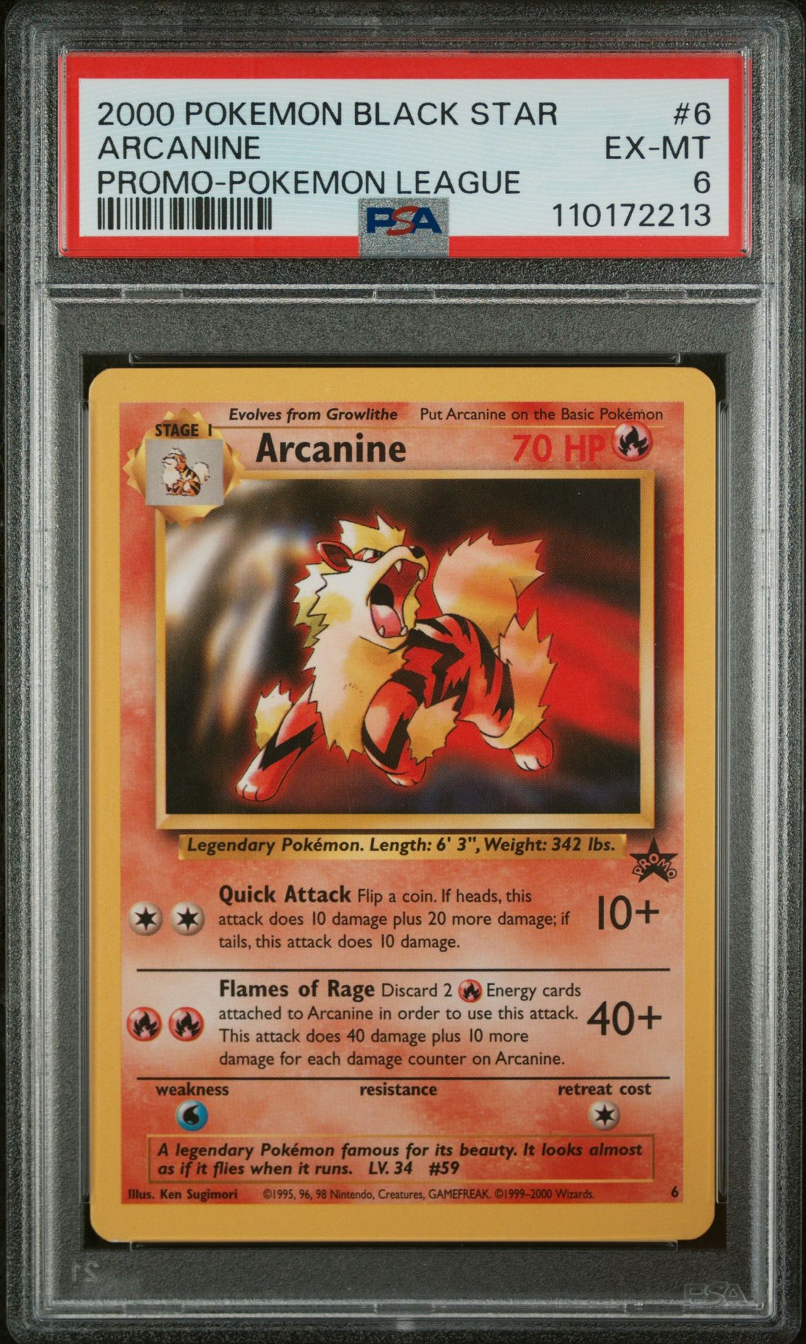 2000 Topps POKEMON PROMO BLACK STAR Sparkle #6 Arcanine front
