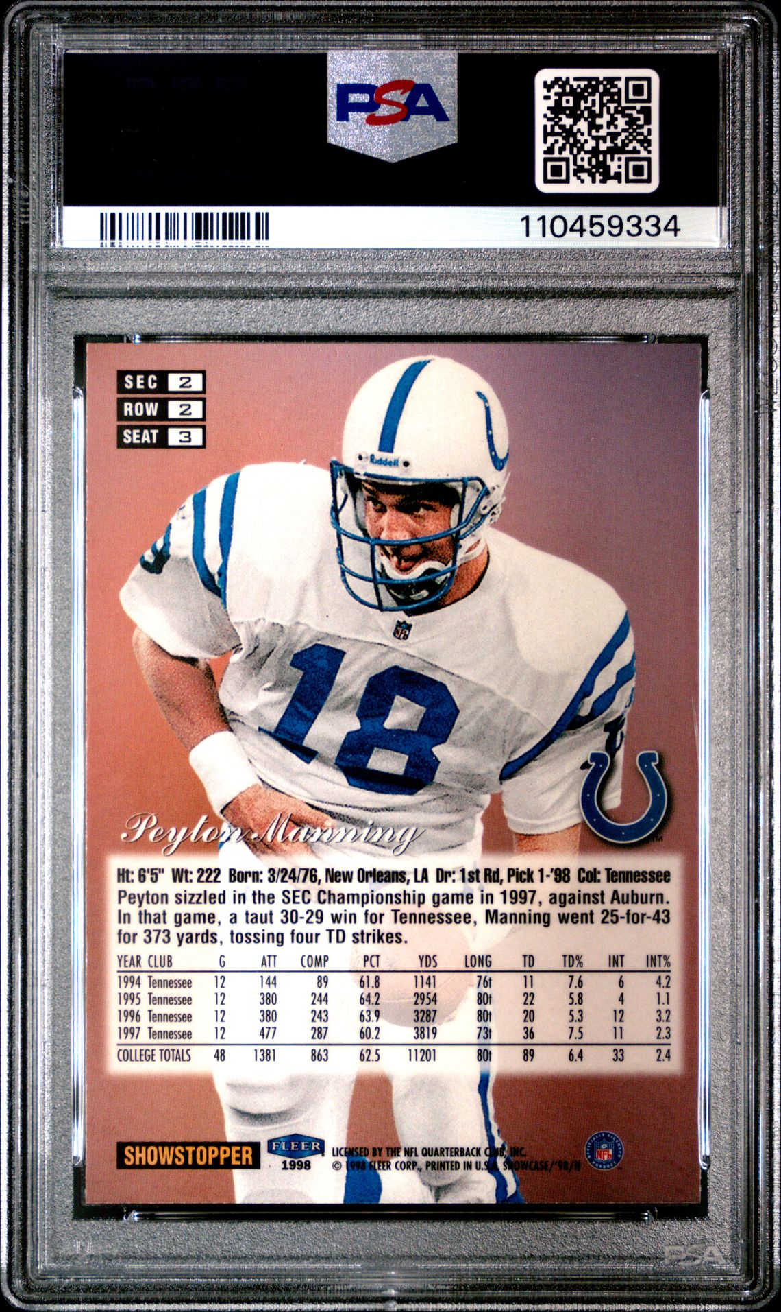 1998 Flair Showcase Peyton Manning #3 (Row 2) Nm-Mt 8 back