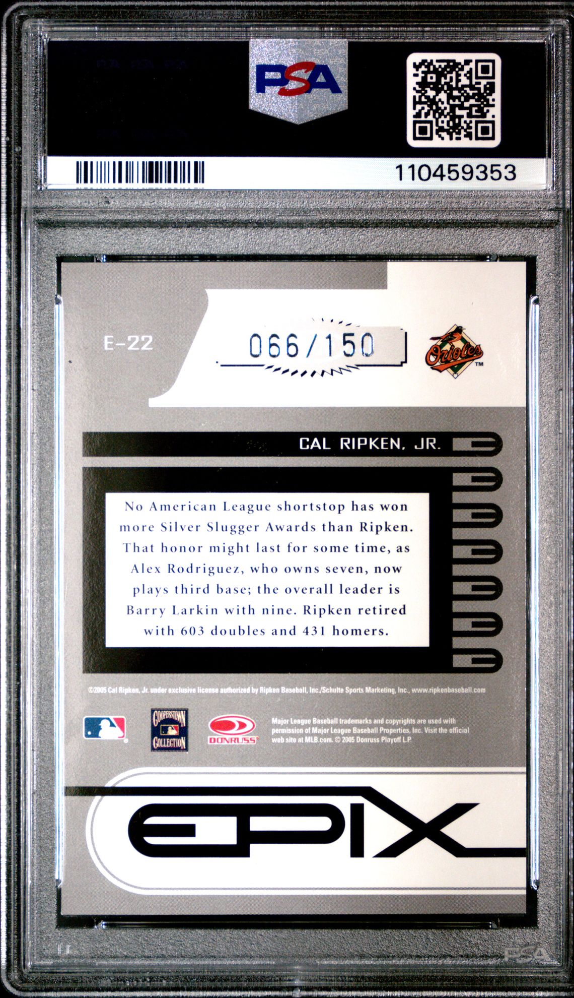 2005 Zenith Epix Cal Ripken Jr. #E-22 (Red-Game) Mint 9 back