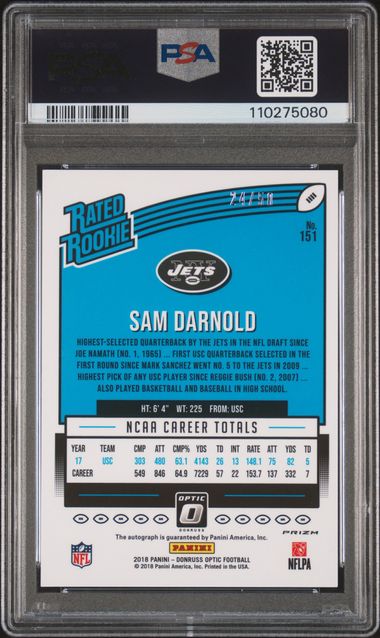 2018 Panini Donruss Optic Sam Darnold #151 (Autograph-Red) Nm 7 back