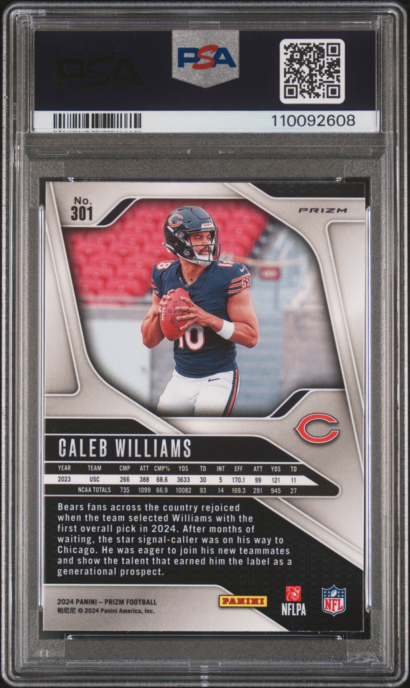 2024 Panini Prizm Caleb Williams #301 (Silver Prizm) Gem Mt 10 front