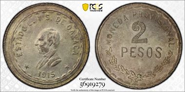 1915 2 Peso KM-744  GB-357 Ag MS64