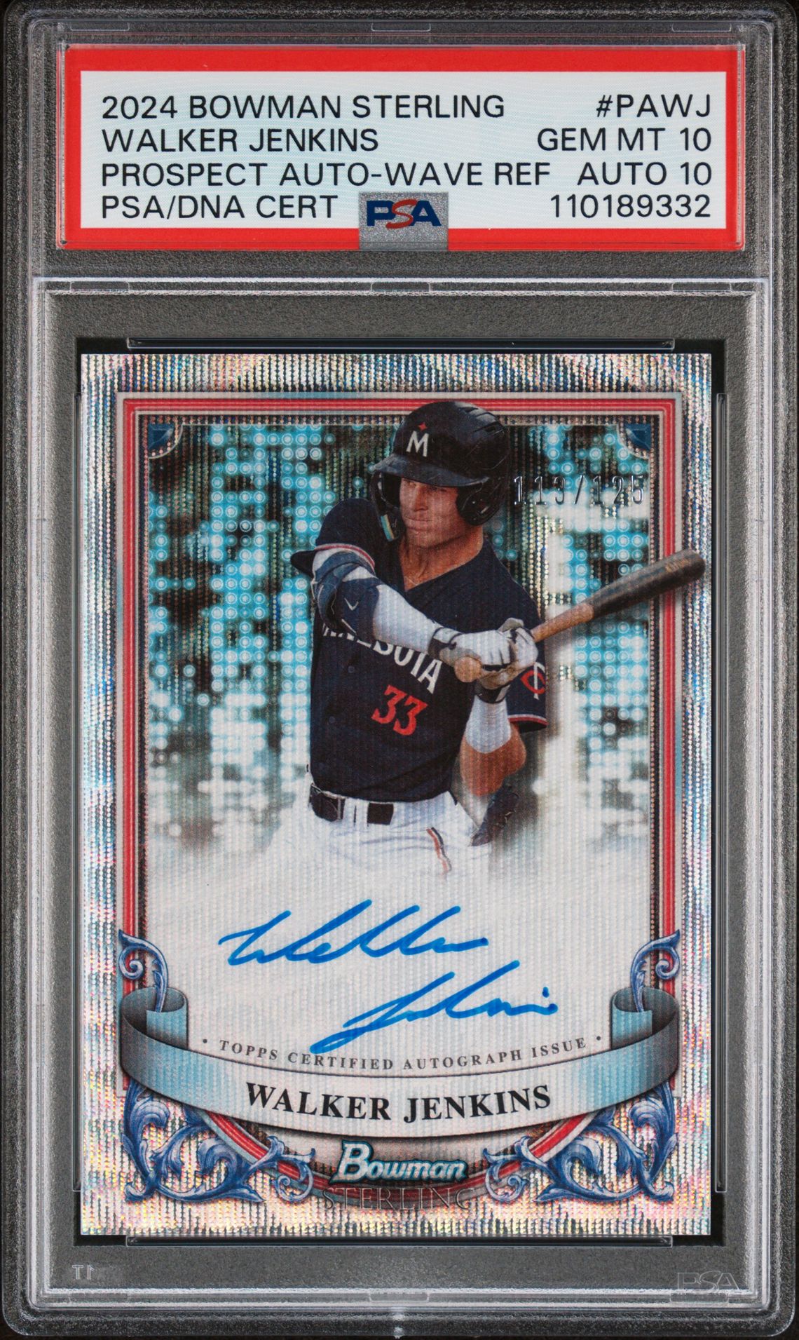 2024 Bowman Sterling Prospect Autographs Walker Jenkins #Pawj (Prospect Auto-Wave Ref) Gem Mt 10 front