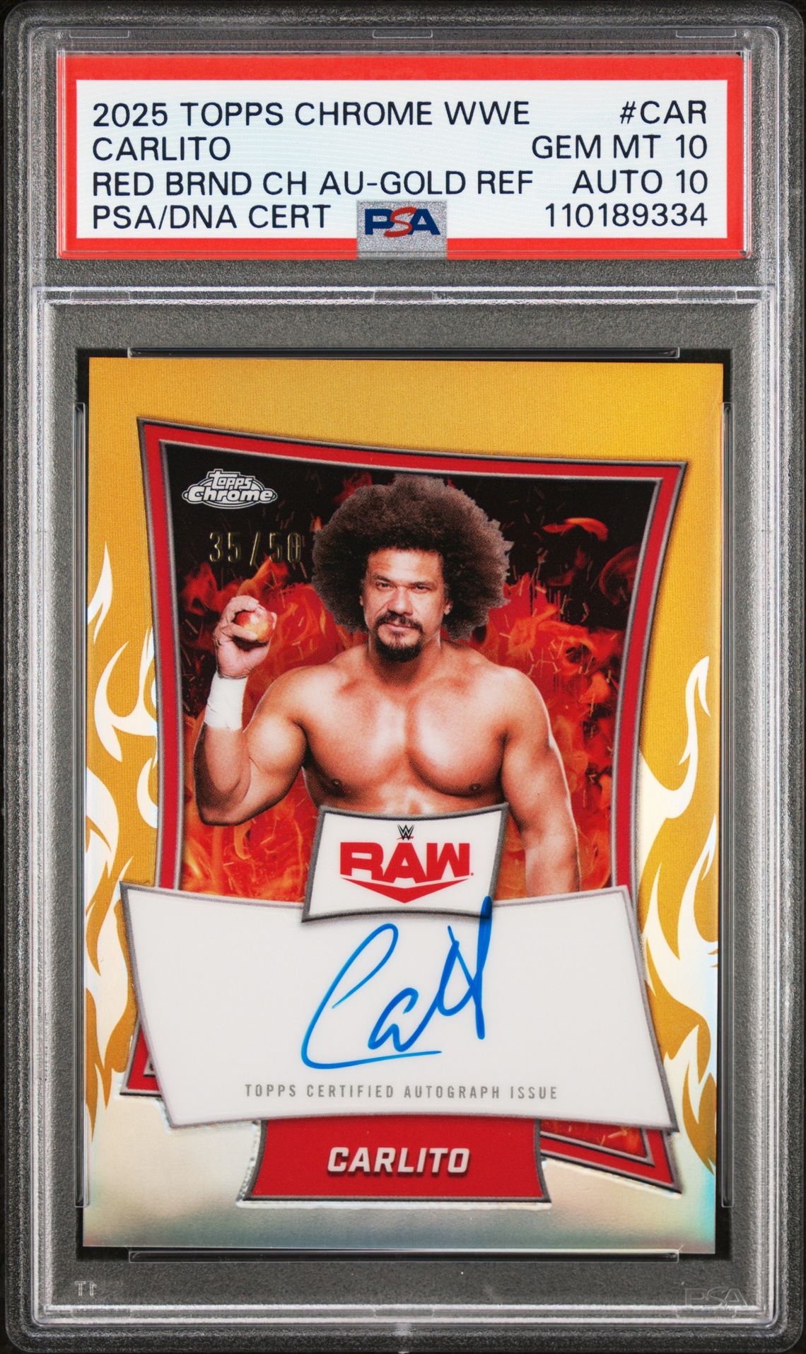 2025 Topps Chrome Wwe Red Brand Chrome Autographs Carlito #Car (Red Brnd Ch Au-Gold Ref) Gem Mt 10 front