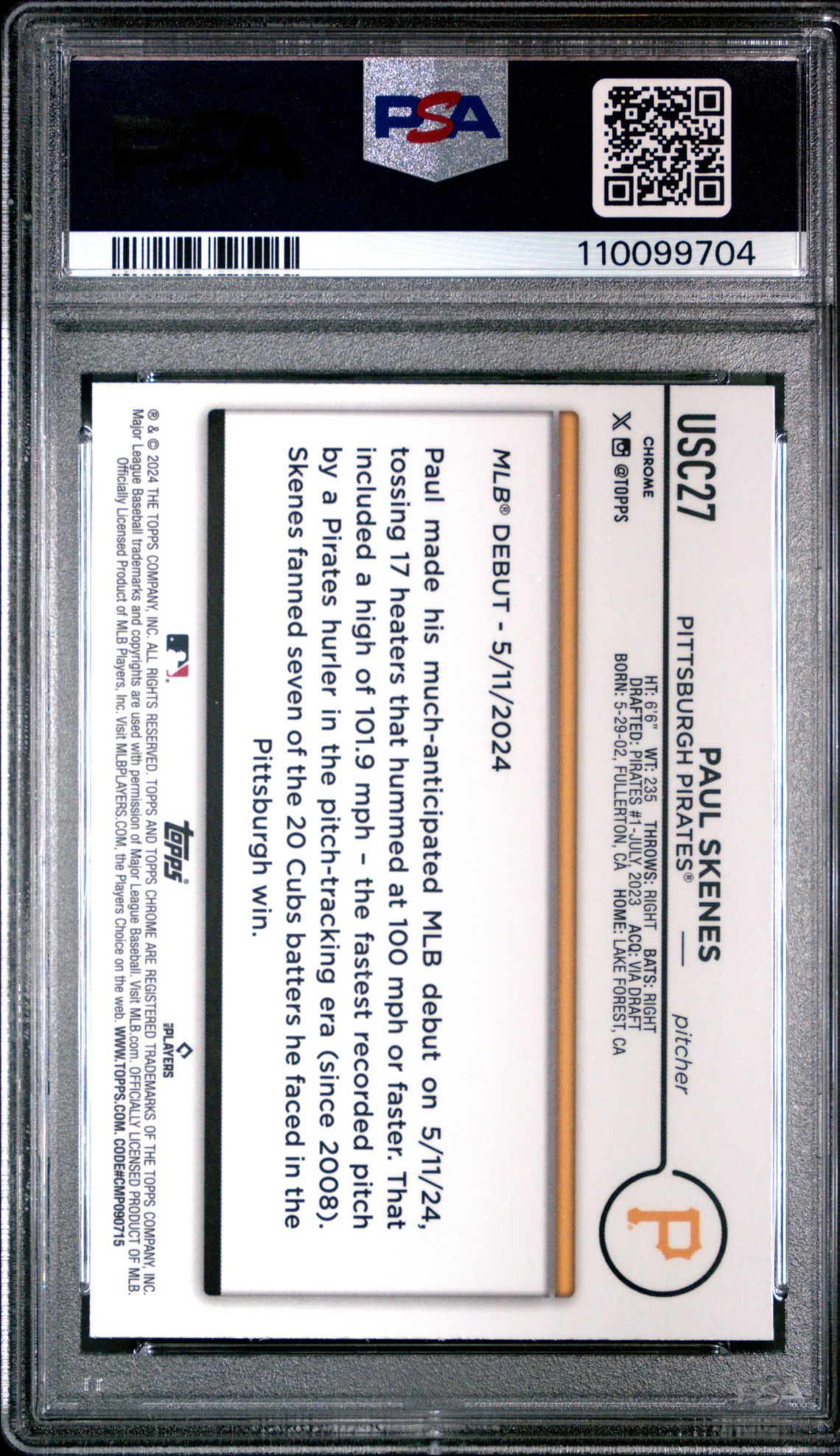 2024 Topps Chrome Update Paul Skenes #Usc27 (X-Fractor) Gem Mt 10 back