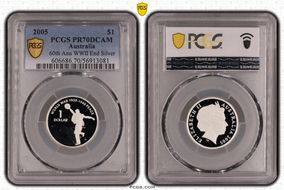 2005 $1 End of WWII - Dancing Man Ag PR70DCAM