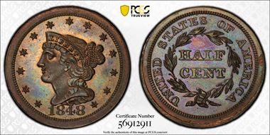 1848  1/2C 1st Restrike, Rev of 1856 PR65BN