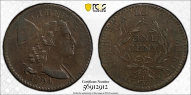 1794 1C S-57, Pyramidal Hair AU58BN