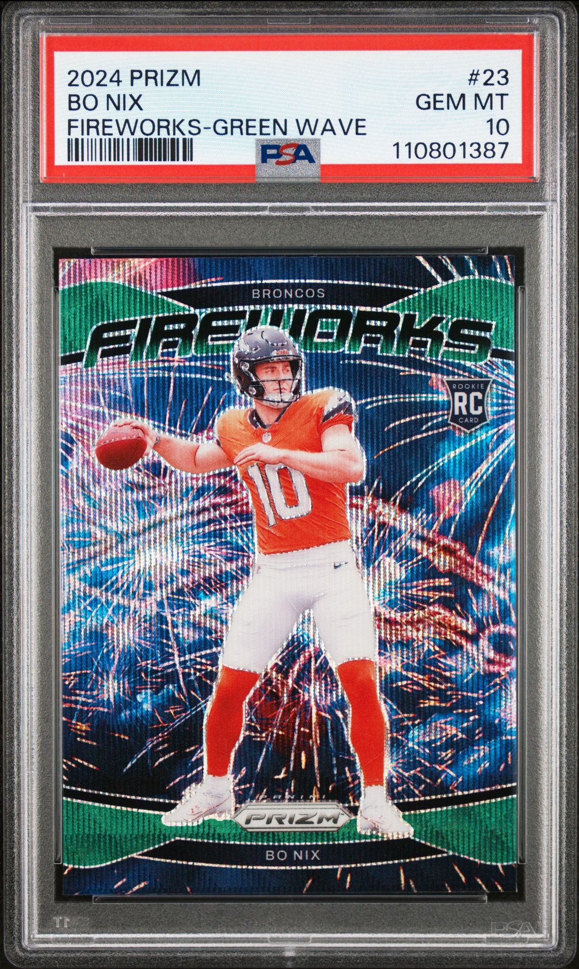 2024 Panini Prizm Fireworks Bo Nix #23 (Fireworks-Green Wave) Gem Mt 10 front