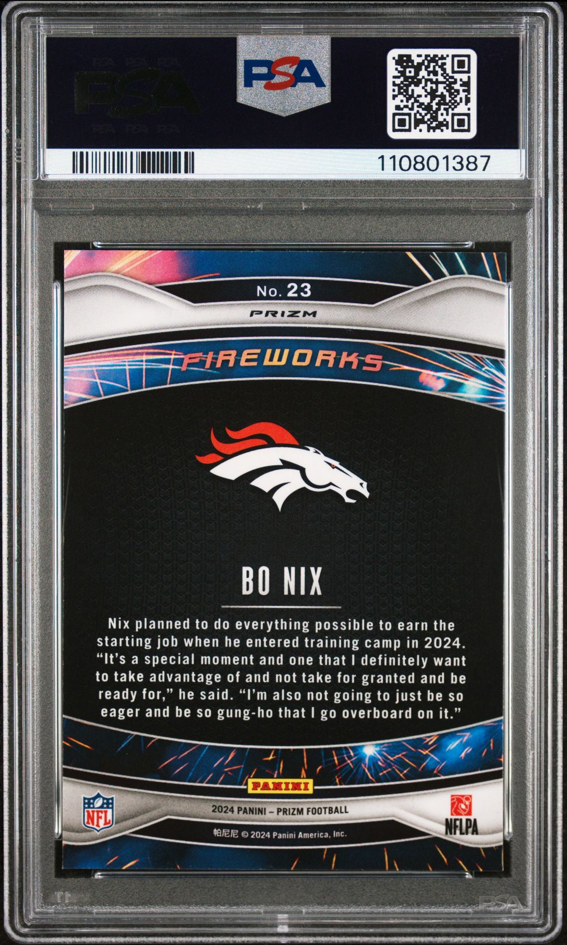 2024 Panini Prizm Fireworks Bo Nix #23 (Fireworks-Green Wave) Gem Mt 10 back