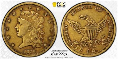 1834 $5 Classic Head, Plain 4 VF35