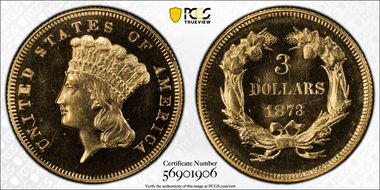 1873 $3 Closed 3 PR65CAM