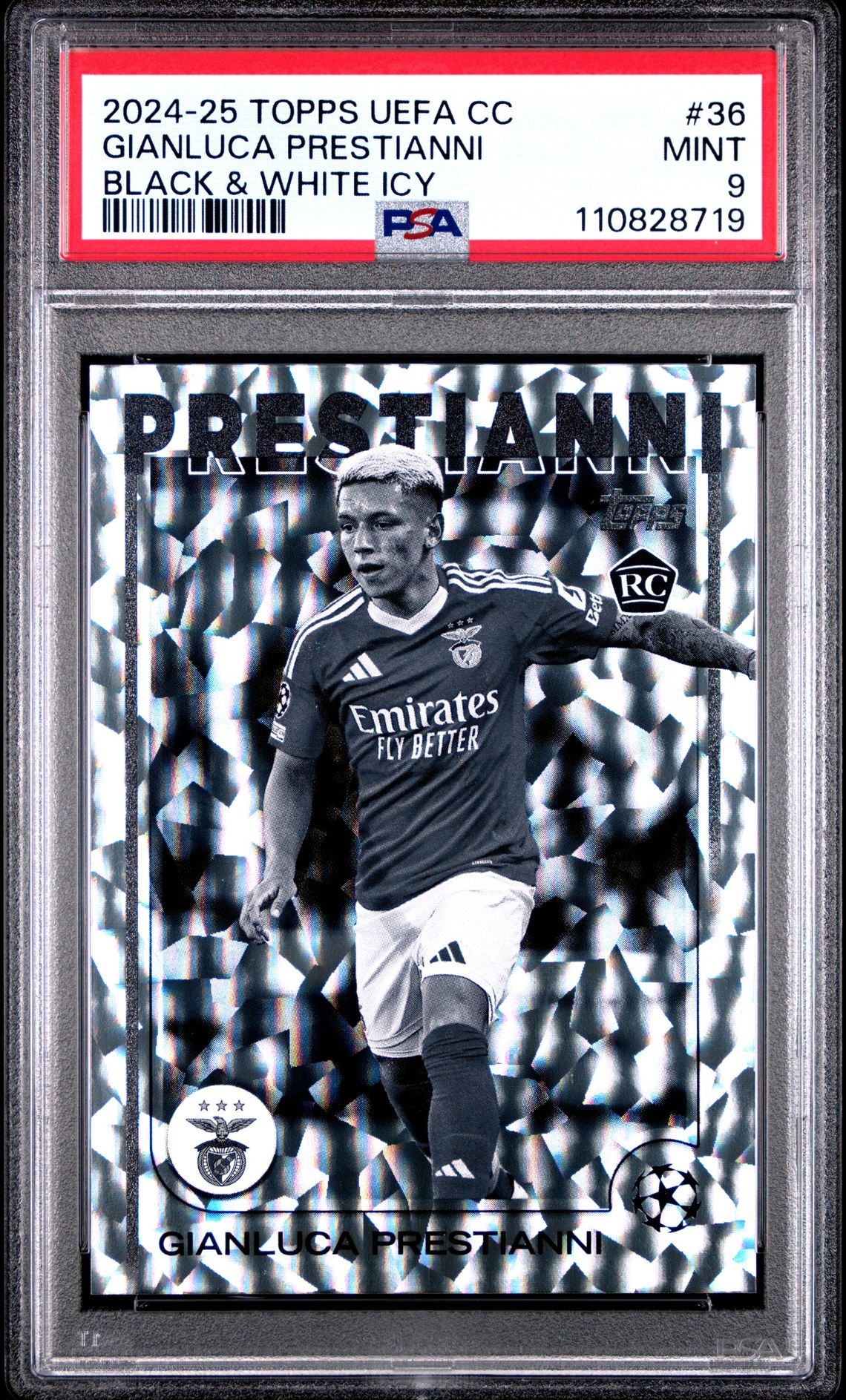 2024-25 Topps TOPPS UEFA CLUB COMPETITIONS BLACK & WHITE ICY #36 Gianluca Prestianni front