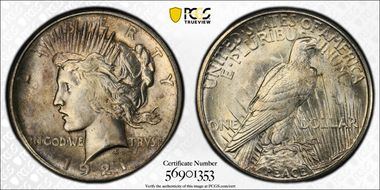 1921 $1 High Relief, Peace MS65