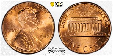 1982 1C Zinc, Small Date MS67RD