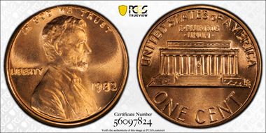 1982 1C Bronze, Large Date MS67RD