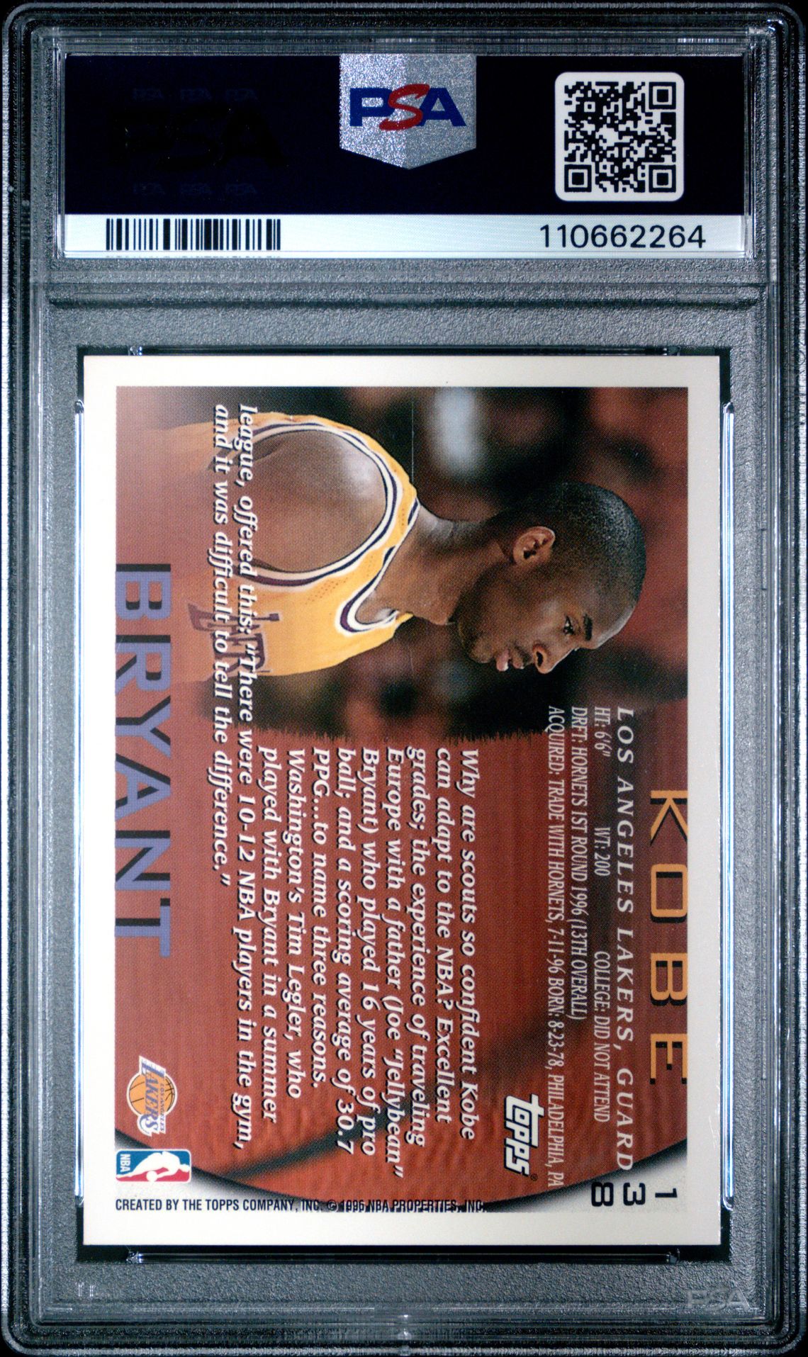 1996 Topps Kobe Bryant #138 Mint 9 back