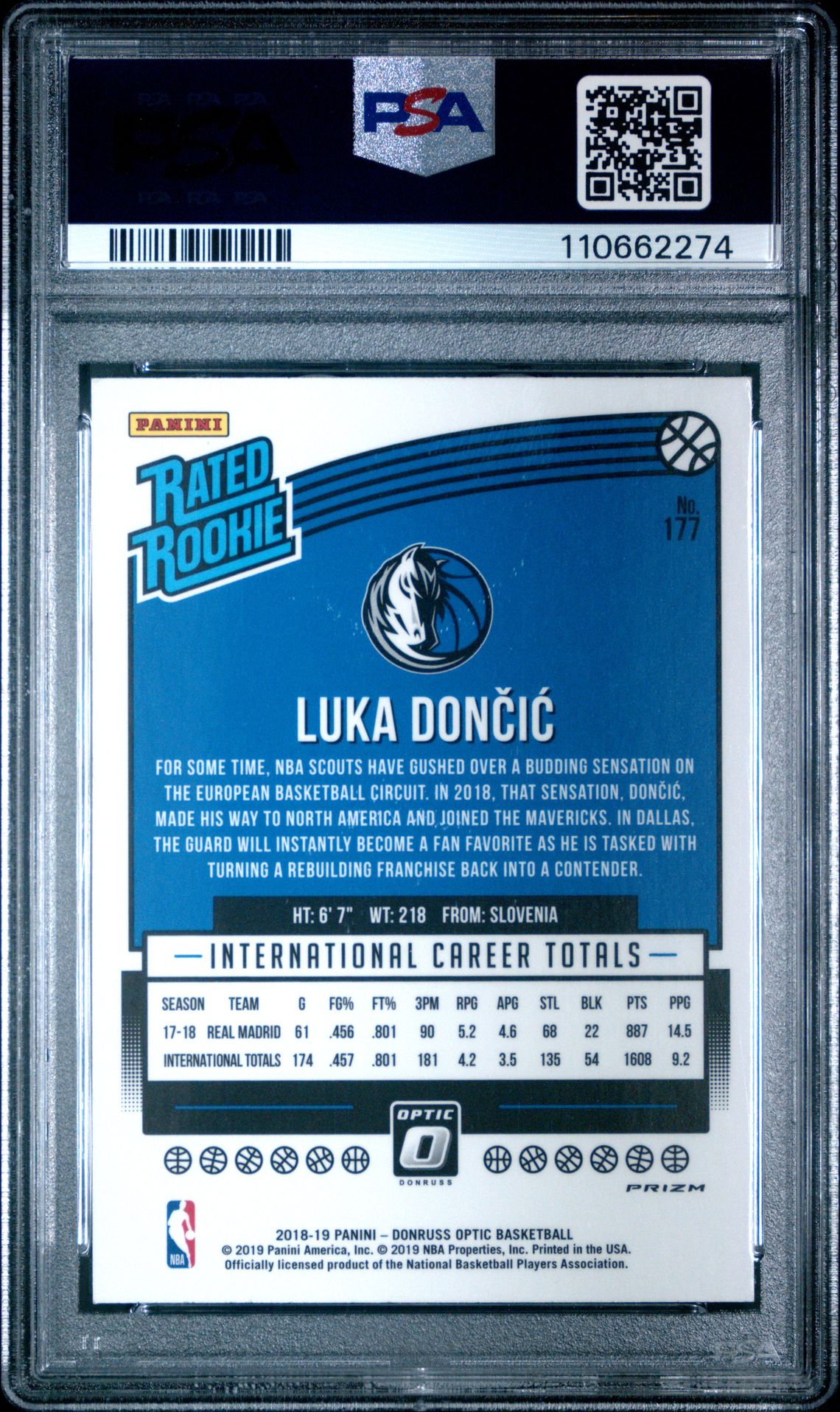 2018 Panini Donruss Optic Luka Doncic #177 (Blue Velocity) Mint 9 back