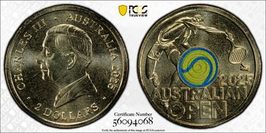 2025 $2 Men’s Australian Open Yellow Envelope Privy Colorized MS69