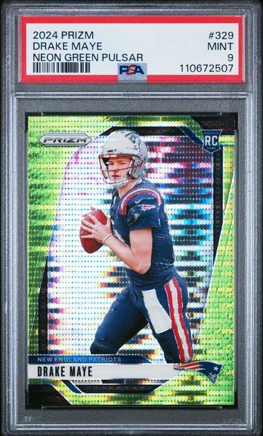 2024 Panini Prizm Drake Maye #329 (Neon Green Pulsar) Mint 9 front