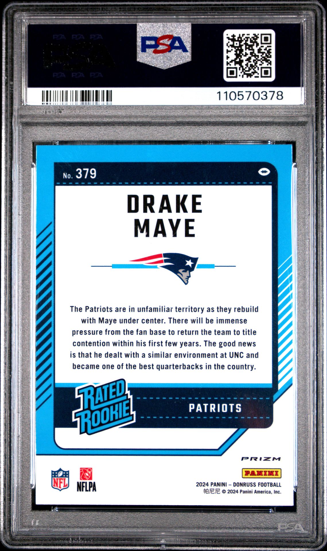 2024 Panini Donruss Drake Maye #379 (Optic Preview-Red Pandora) Mint 9 back