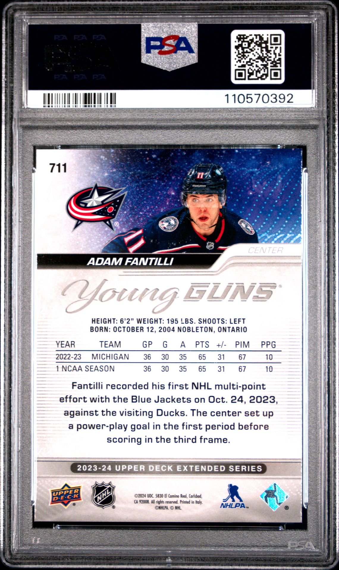 2023 Upper Deck Adam Fantilli #711 Gem Mt 10 back