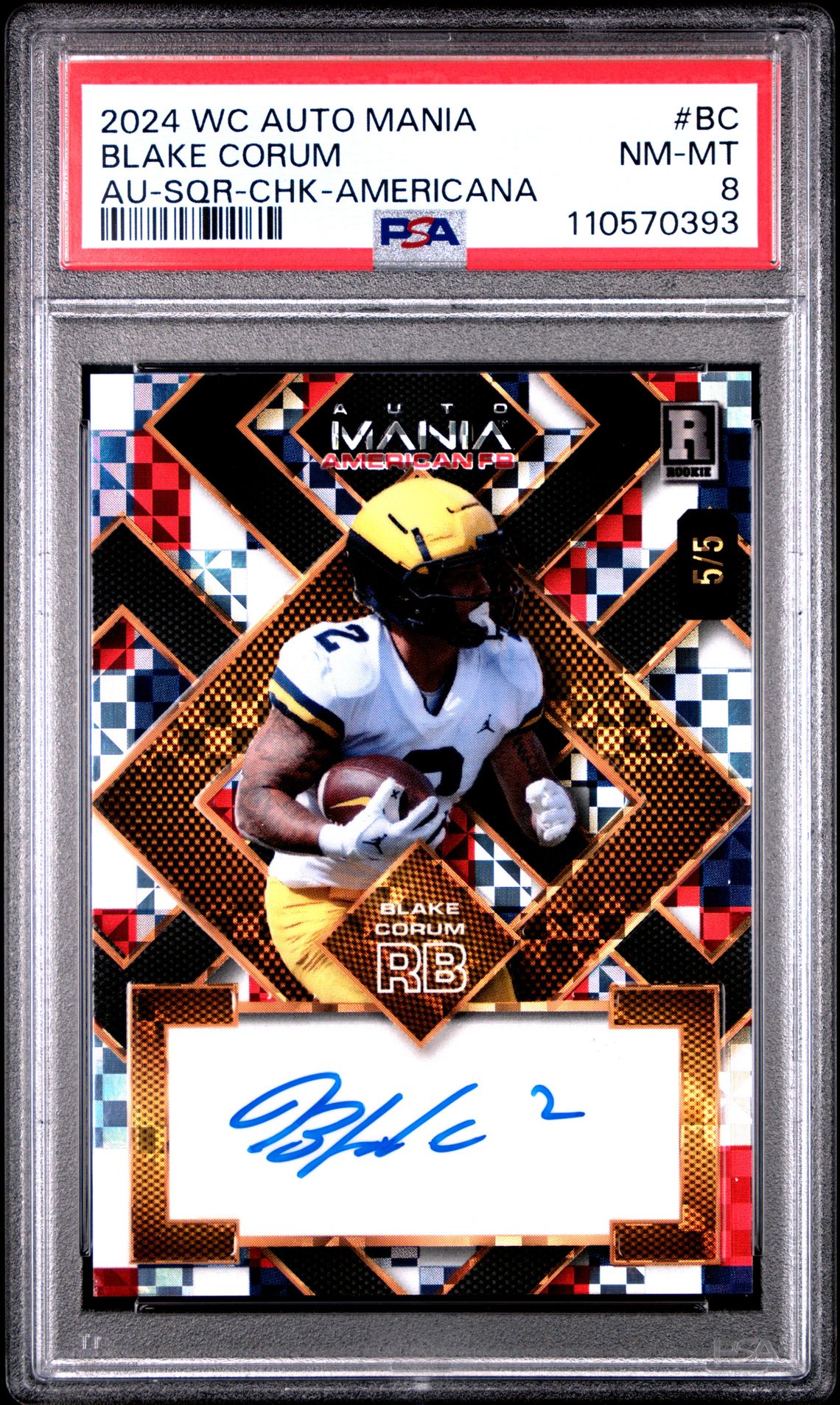 2024 Wild Card Auto Mania American Football Hobby Autographs Blake Corum #Bc (Au-Sqr-Chk-Americana) Nm-Mt 8 front