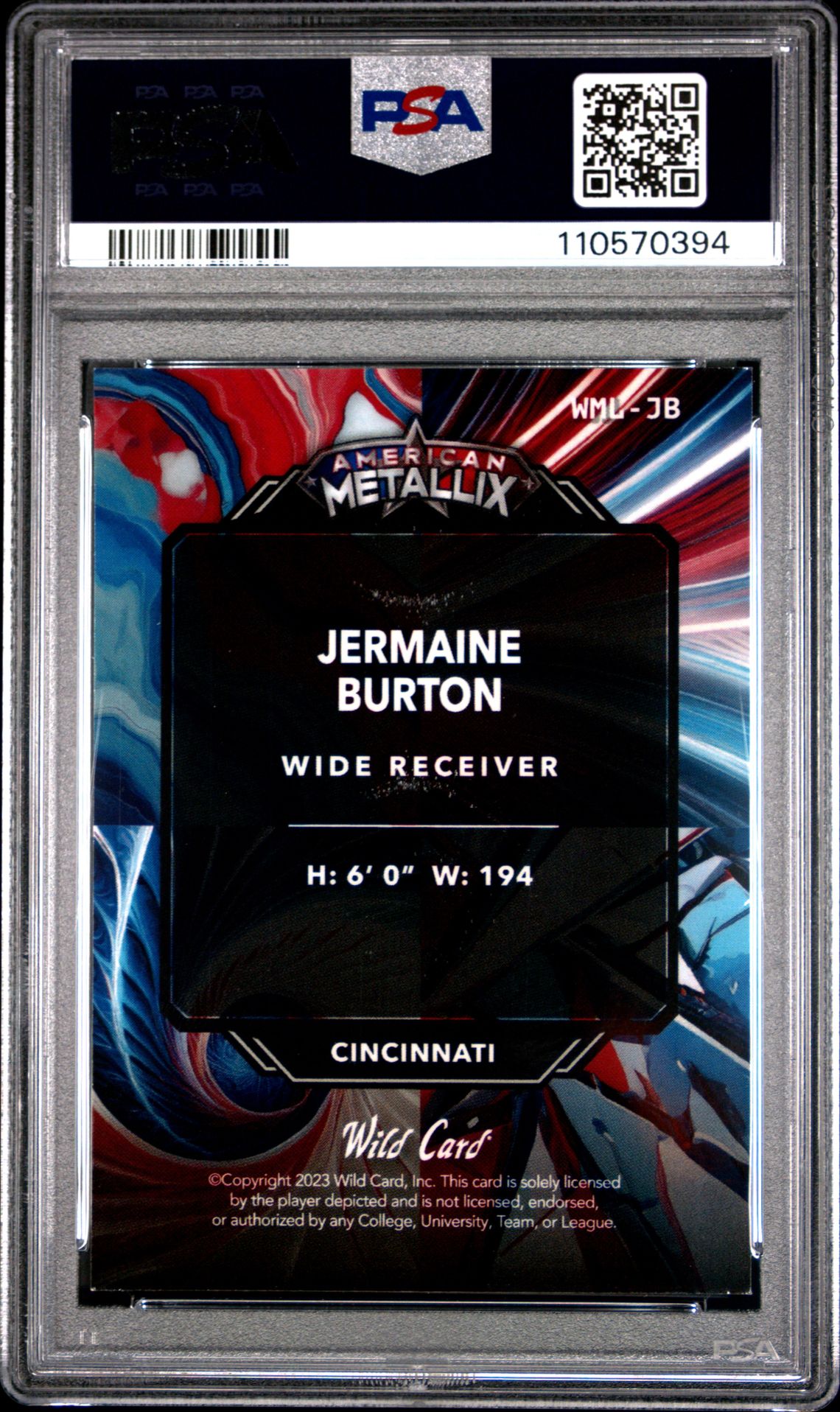 2024 Wild Card American Metallix Promo Pro-Look 180 Wildlight Jermaine Burton #Jb (Wlgt-Lzr-Red/Blue 1) Mint 9 back