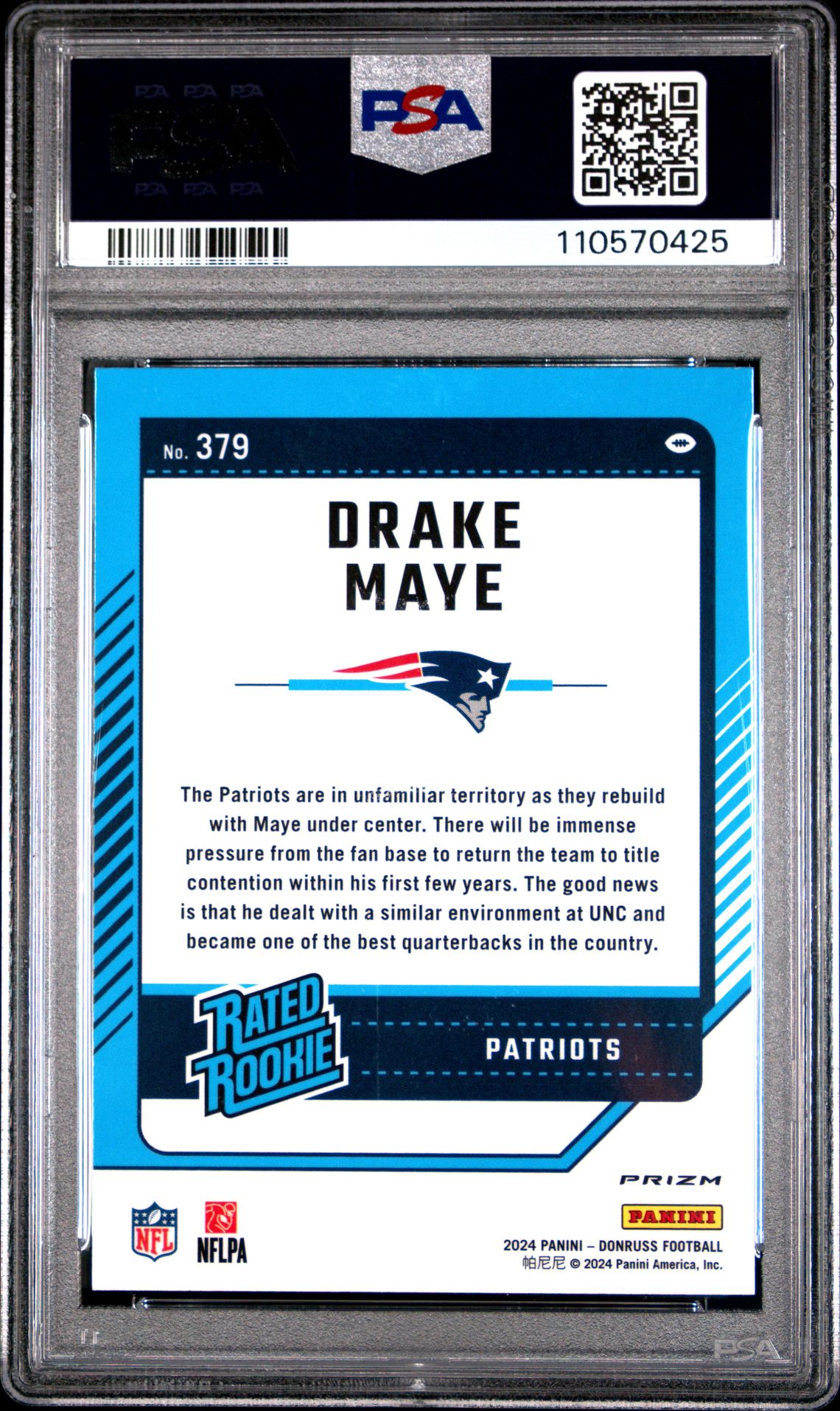 2024 Panini Donruss Drake Maye #379 (Optic Preview-Pink) Mint 9 back