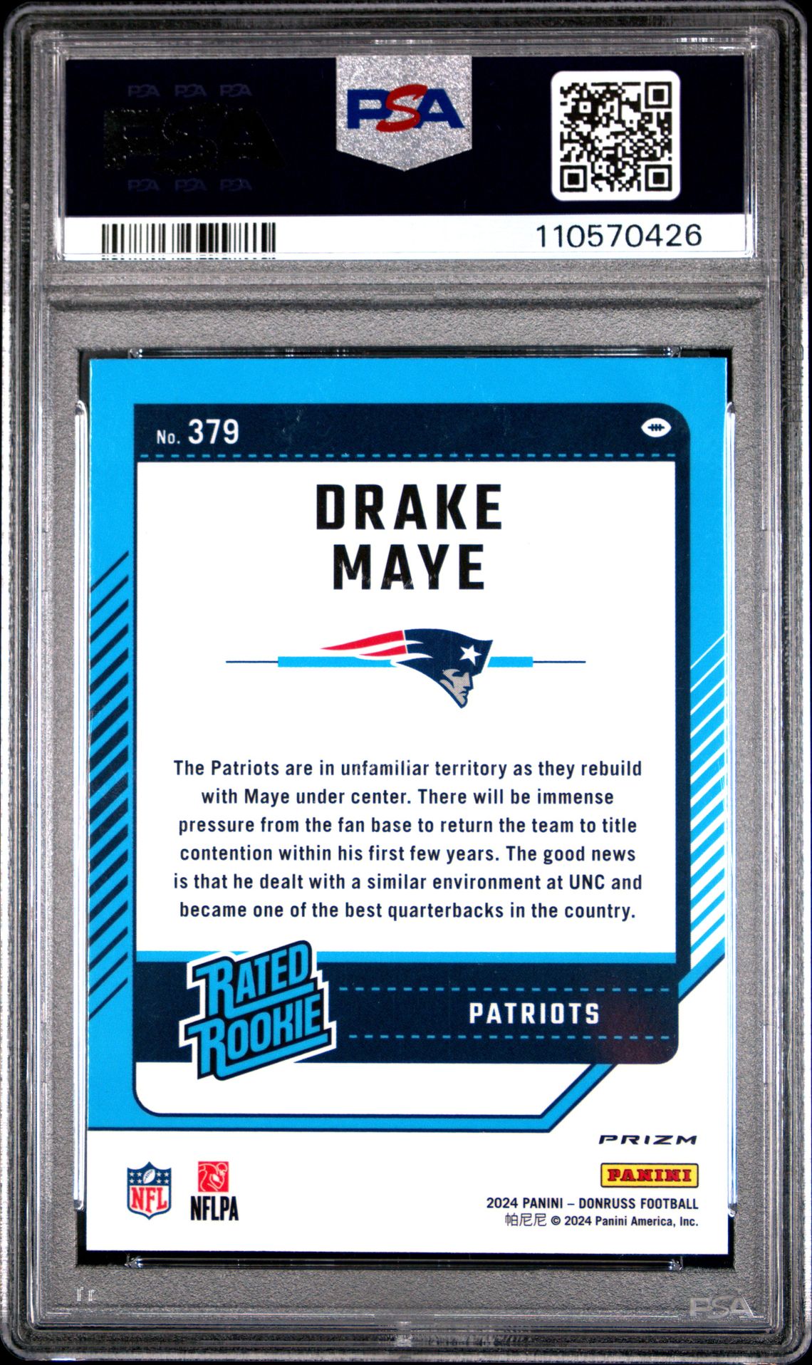 2024 Panini Donruss Drake Maye #379 (Optic Preview-Pink) Gem Mt 10 back