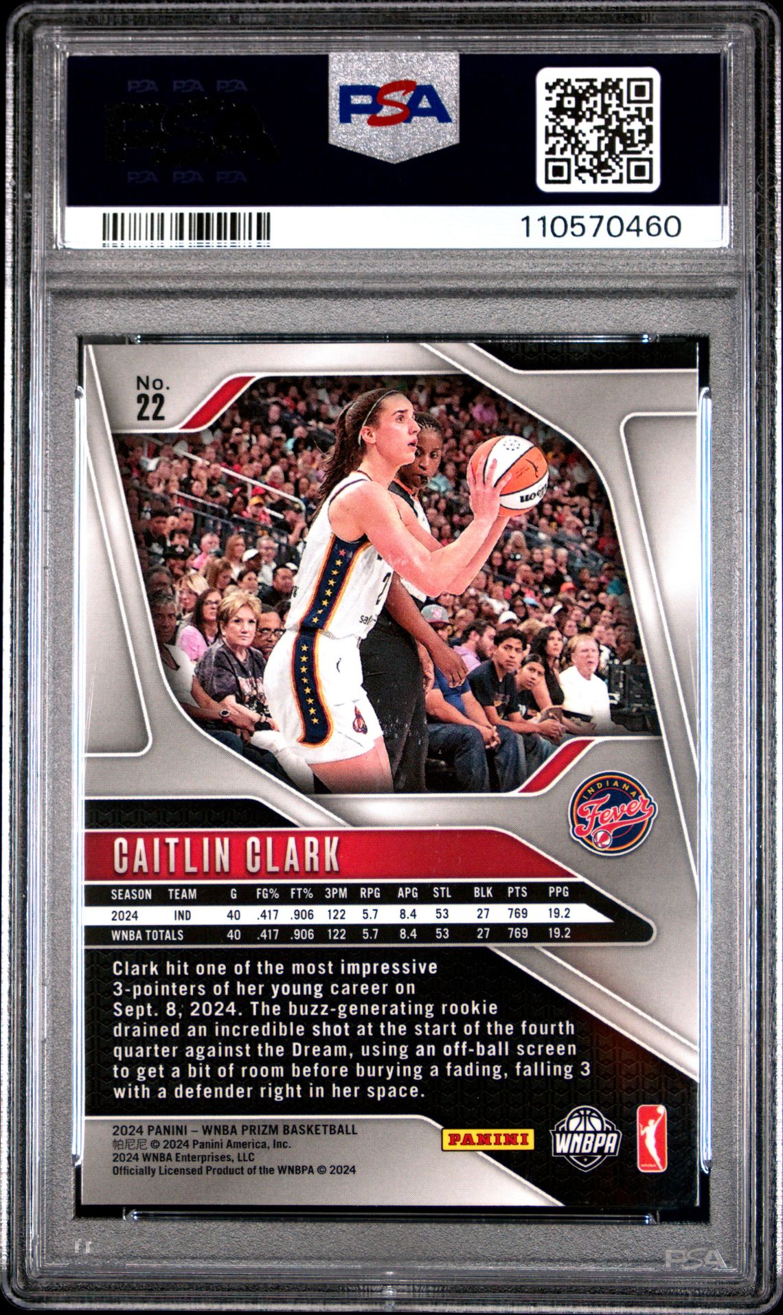 2024 Panini Prizm Wnba Caitlin Clark #22 Gem Mt 10 back