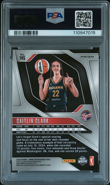 2024 Panini Prizm Wnba Caitlin Clark #145 (Blue Velocity) Gem Mt 10 back