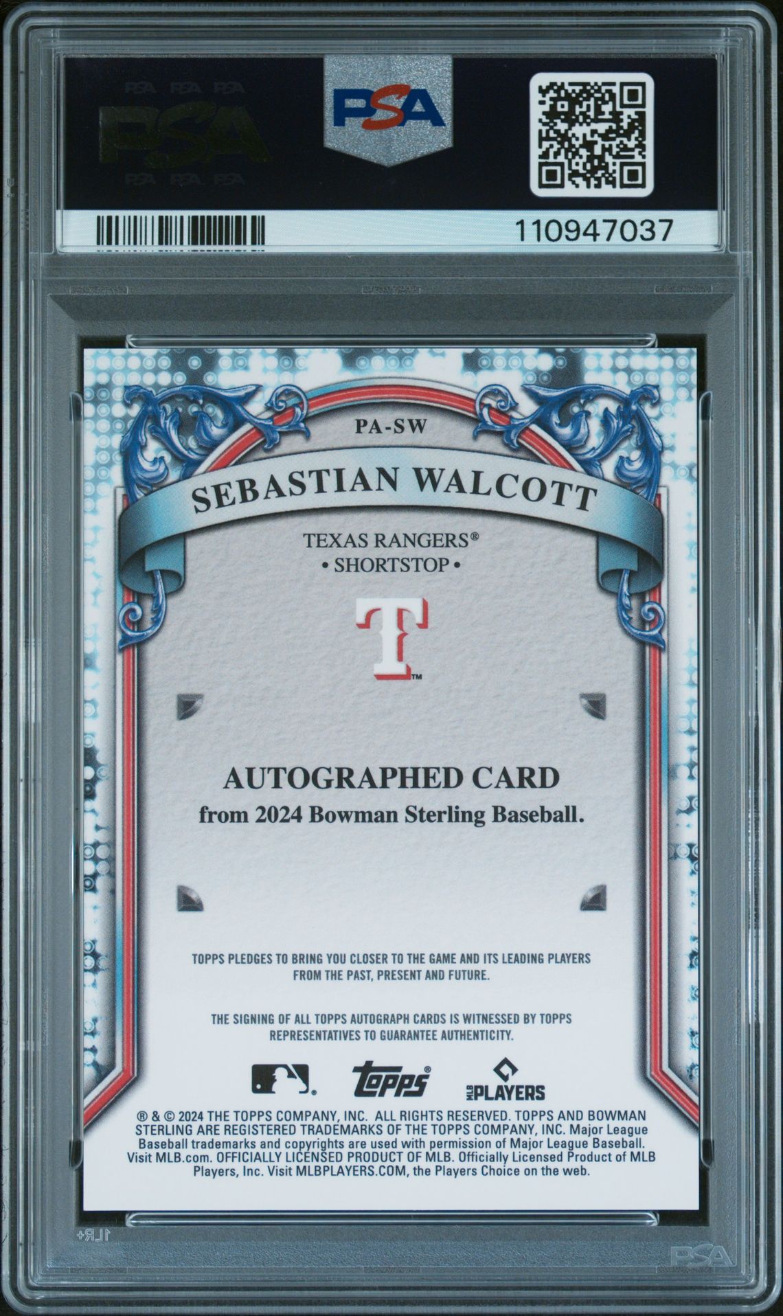 2024 Bowman Sterling Prospect Autographs Sebastian Walcott #Pasw Gem Mt 10 back