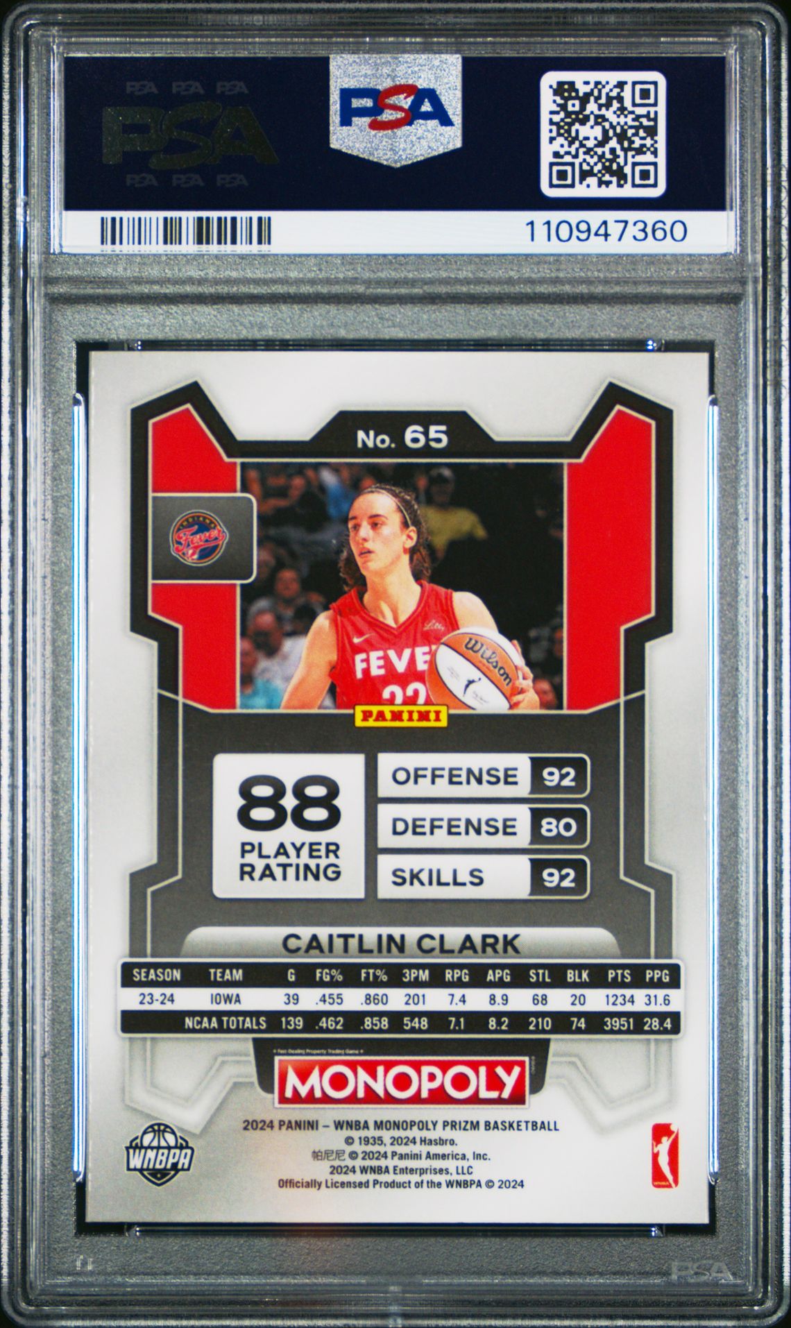 2024 Panini Prizm Monopoly Wnba Caitlin Clark #65 Gem Mt 10 back view - PSA certificate #110947360