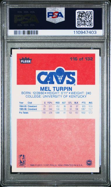 1986 Fleer Melvin Turpin #116 Nm-Mt 8 back