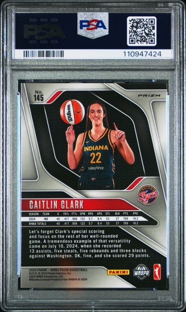 2024 Panini Prizm Wnba Caitlin Clark #145 (Blue Velocity) Gem Mt 10 back