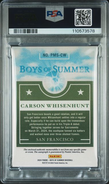 2024 Panini Boys Of Summer Prospect Material Signatures Carson Whisenhunt #Pmscw (Prospect Material Sig-Red) Mint 9 back