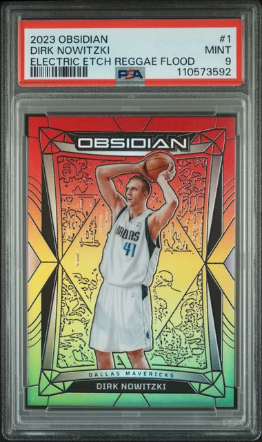 2023 Panini Obsidian Dirk Nowitzki #1 (Electric Etch Reggae Flood) Mint 9 front