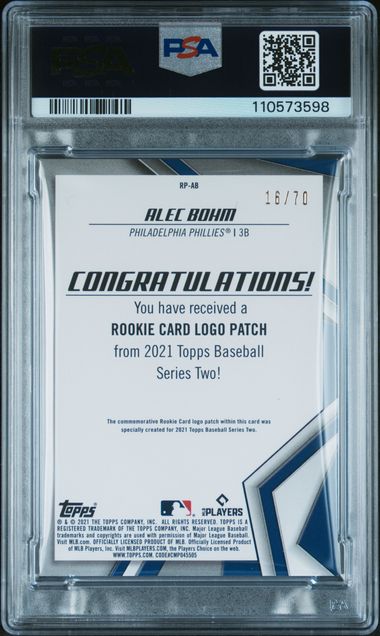 2021 Topps Rookie Card Logo Manufactured Patch Relic Alec Bohm #Ab (R/C Lg.mfd.pt.rl-Plt.anv.) Nm-Mt 8 back