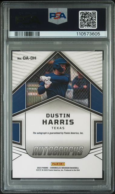 2023 Panini Chronicles Obsidian Autographs Dustin Harris #Oadh (Obsidian Autograph-Ee Red) Mint 9 back