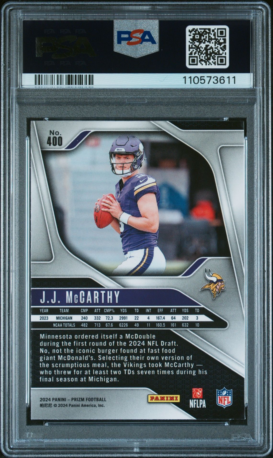 2024 Panini Prizm Jj Mccarthy #400 Mint 9 back