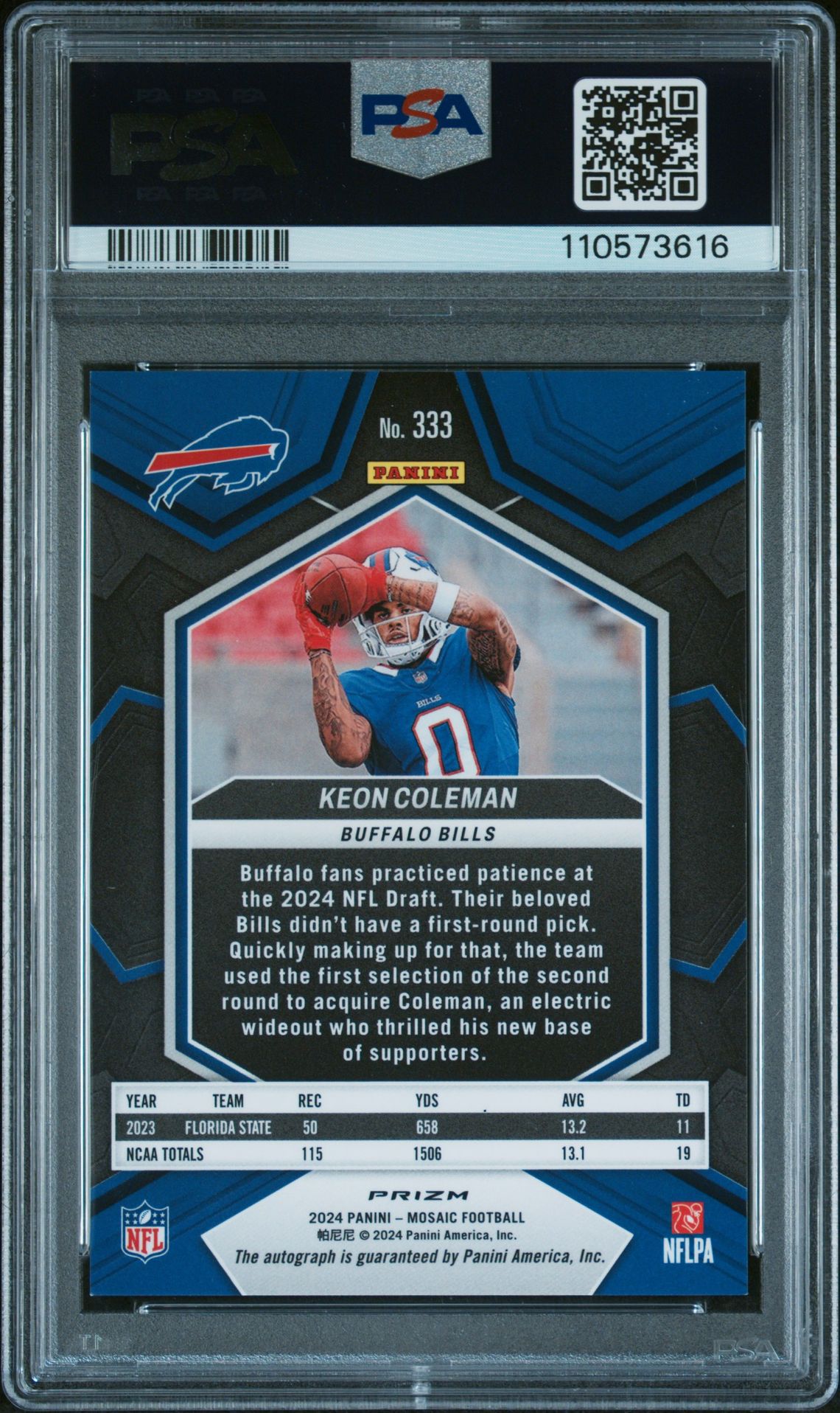 2024 Panini Mosaic Keon Coleman #333 (Autograph) Mint 9 back